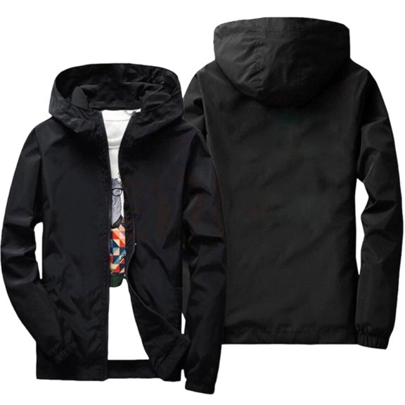 Sewkxo Mens Windbreaker Jackets Packable Waterproof Zipper Long Sleeve Hooded Travel Lightweight Coats,Black M