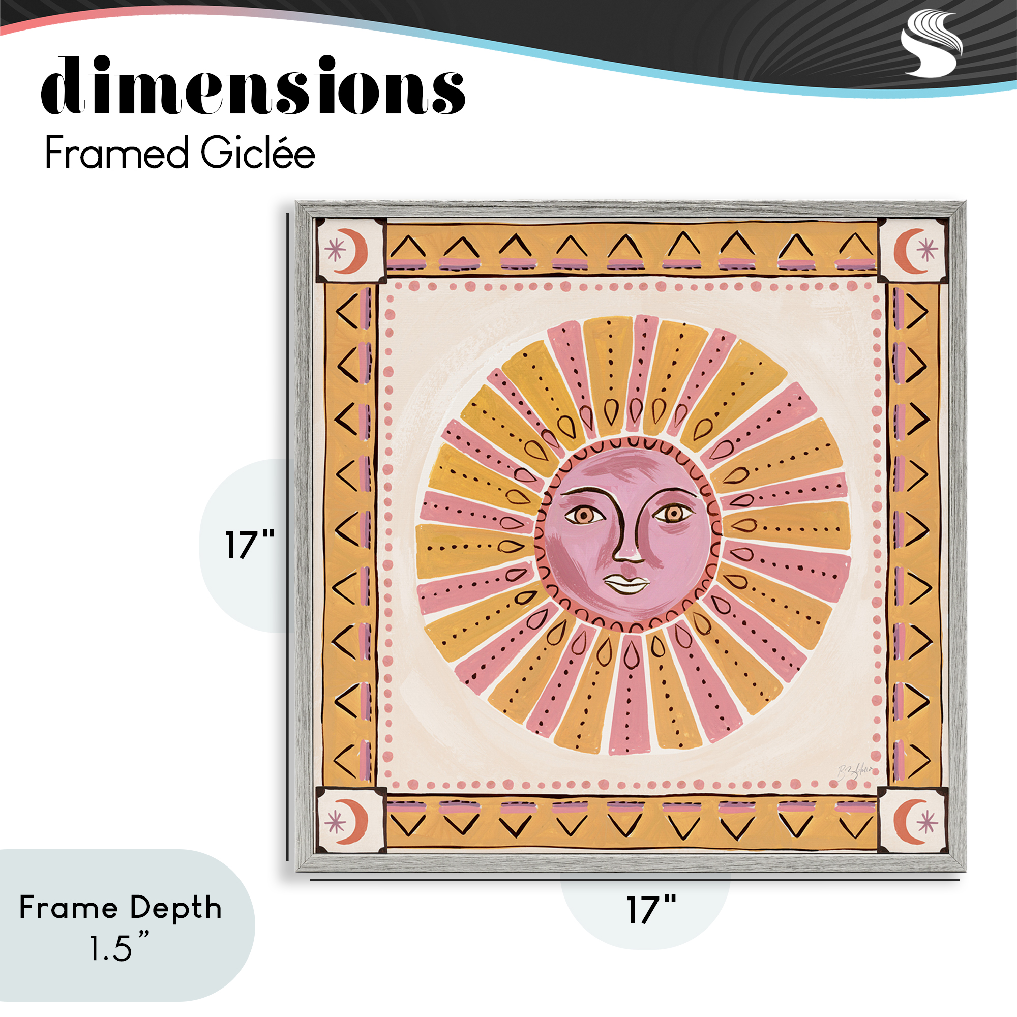 Stupell Industries Pink Sun Face with Geometric Border Gray Framed Giclee Art, design by Two If By Sea Studios