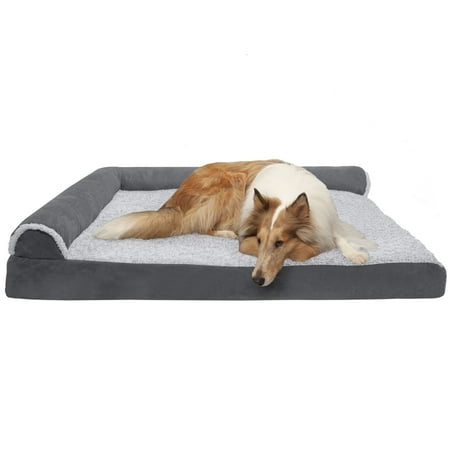 UPC: 0842229115772 | FurHaven Pet Products Two-Tone Faux Fur & Suede Cooling Gel Top Deluxe L-Chaise Pet Bed for Dogs & Cats – Stone Gray Jumbo Plus
