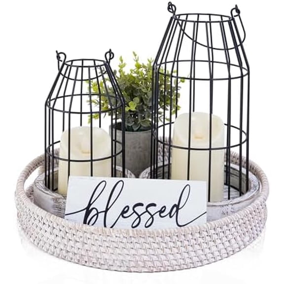 Rustic Farmhouse Lanterns Set of 7, Modern Home Decor for Dining Table Centerpieces Living Room Fireplace Mantel Decoration, White$$Home Decor, Kitchen, & Other