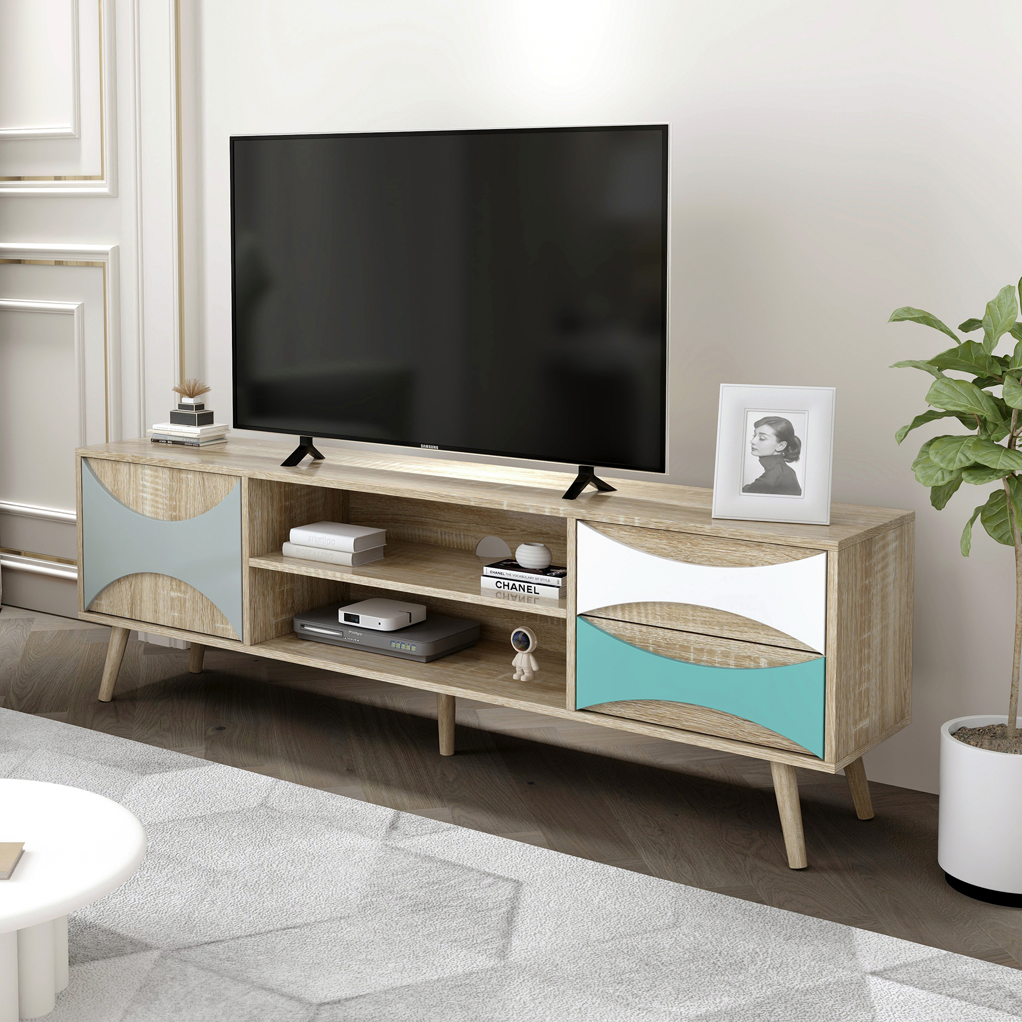 Kadyn 59" TV Stand, TV Console Table with Storage Cabinet and Shelves, TV Entertainment Center for TVs up to 57", Brown Oak Kadyn 59" TV Stand, TV Console Table with Storage Cabinet and Shelves, TV Entertainment Center for TVs up to 57", Brown Oak