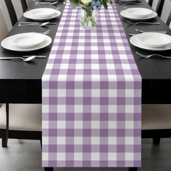 Purple Checkered Table Runner 60 Inches Long, Farmhouse White Buffalo Plaid Kitchen Coffee Dining Table Decoration for Home Party Birthday Wedding Home Decor 13x60 Inches