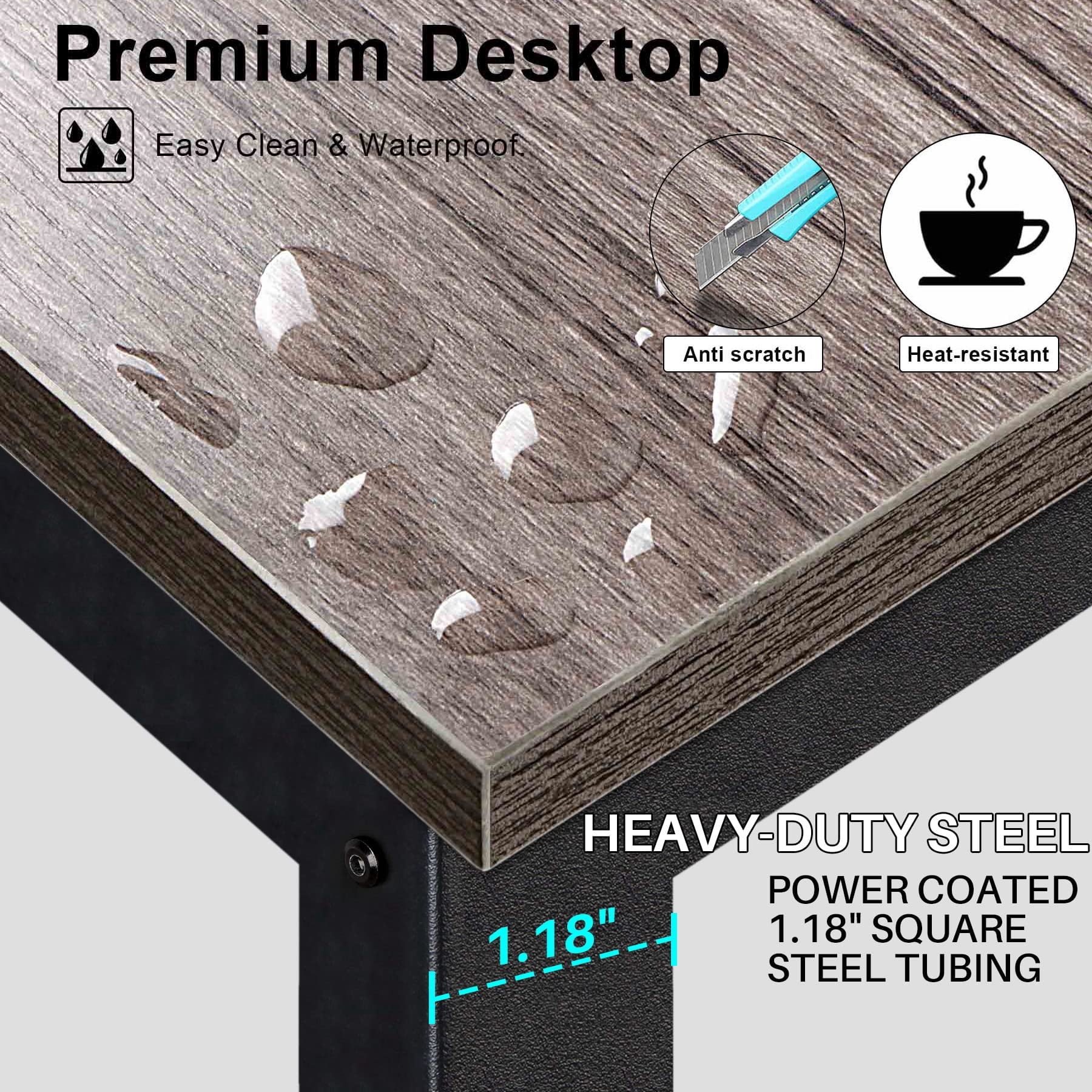 Aquzee Desk with Hutch Bookshelves, Computer Desk with 3 Tiers Storage Shelves, Space Saving Design Black Metal Legs Desk with Grey Board