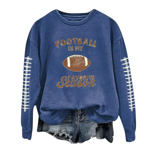 awzxde Chandails pour Femmes Décontractés Légers Col Rond Chandails Manches Longues Graphique de Football Imprimé Chandail Chandails Haut Blouse Bleu,TTG