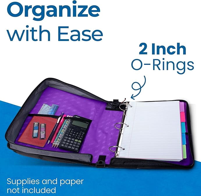 Case-it The Universal Zipper Binder - 2 Inch O-Rings - Padded Pocket That Holds up to 13 Inch Laptop/Tablet - Multiple Pockets - 400 Page Capacity - Comes with Shoulder Strap - Deep Purple LT-007