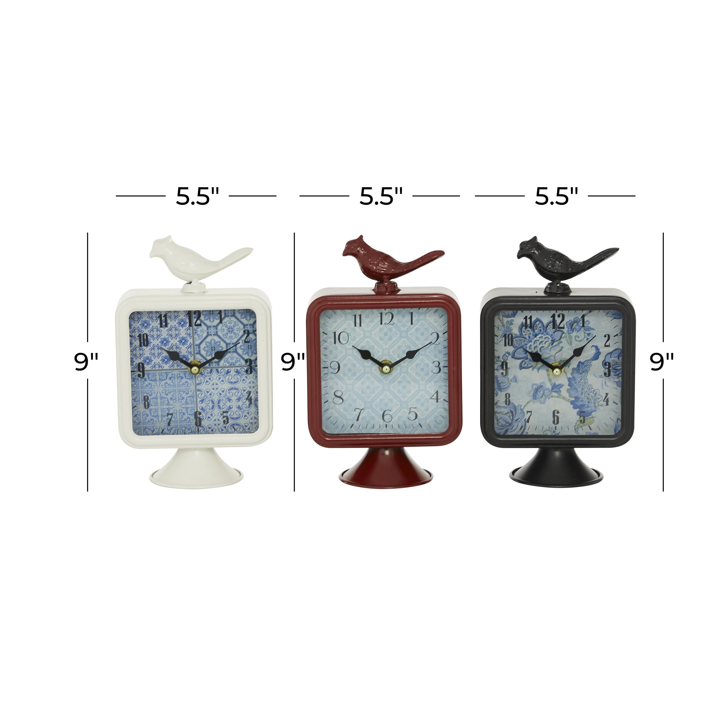 DecMode 9" Multi Colored Metal Bird Clock, Set of 3