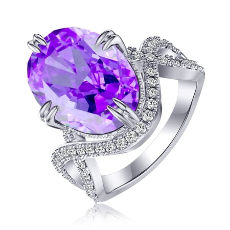 Turandoss 21ct Purple Amethyst Gemstone Engagement Ring 925 Sterling Silver Oval Cut Gemstone Birthstone Ring Wedding Band Promise Wedding Rings for Women Girls
