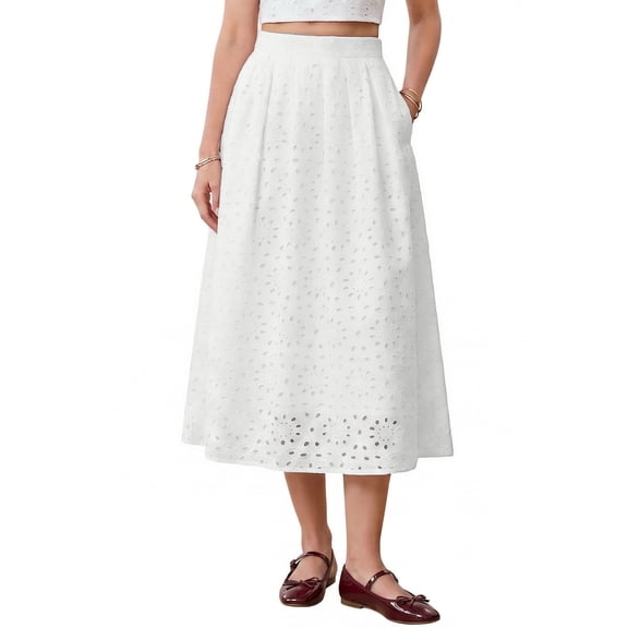 DARING DIVA Women's A Line Flowy Eyelet Midi Skirts X-Small White