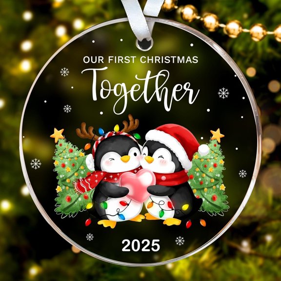 First Christmas Together Ornament 2025 – Penguin Couple Acrylic Keepsake, Romantic Gift for Him Her, Boyfriend Girlfriend Christmas Ornament