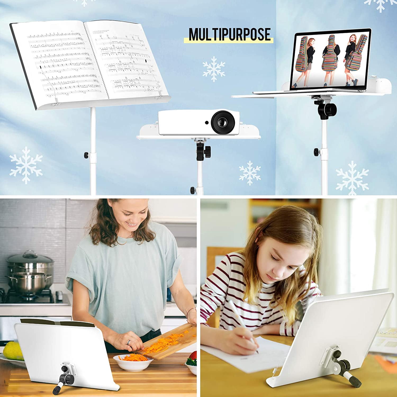 CAHAYA Sheet Music Stand & Tabletop Music Stand Solid Back with Carrying Bag for Books Notes Laptop Tablet White CY0194