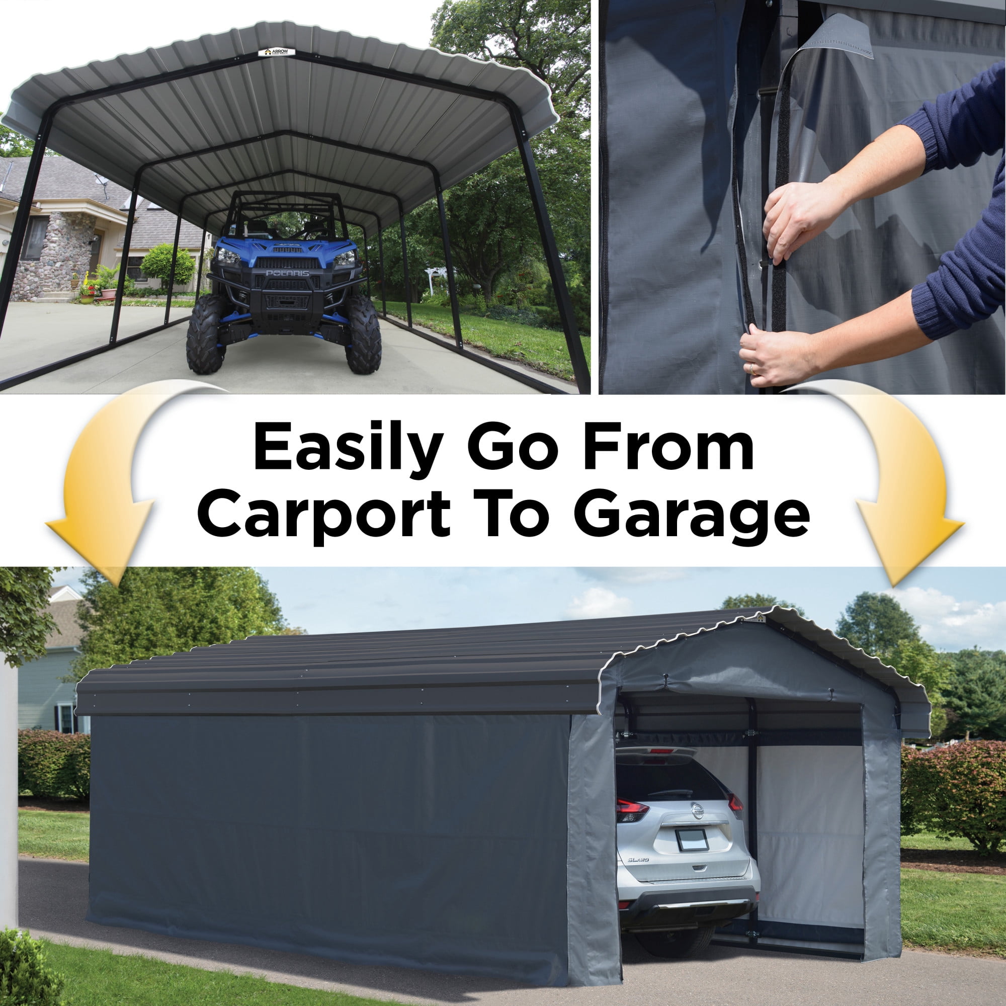 Arrow 12' x 20' x 7' 29-Gauge Carport with Galvanized Steel Roof Panels and Enclosure Kit, Charcoal