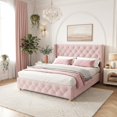 thumbnail image 1 of Pink Velvet Wingback Platform Bed - Full Size with Gold Nailhead Trim, 1 of 8