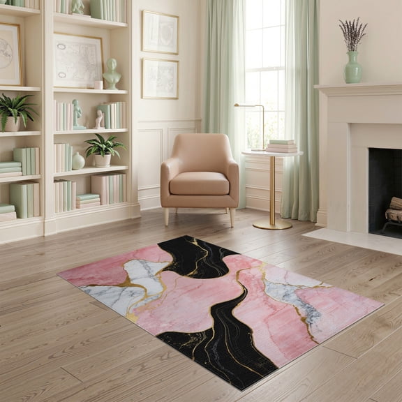 ODIKA 4'x6' Machine Washable Non-Slip Area Rug, Abstract Pink and Black High Traffic Rug, Pink, 36385