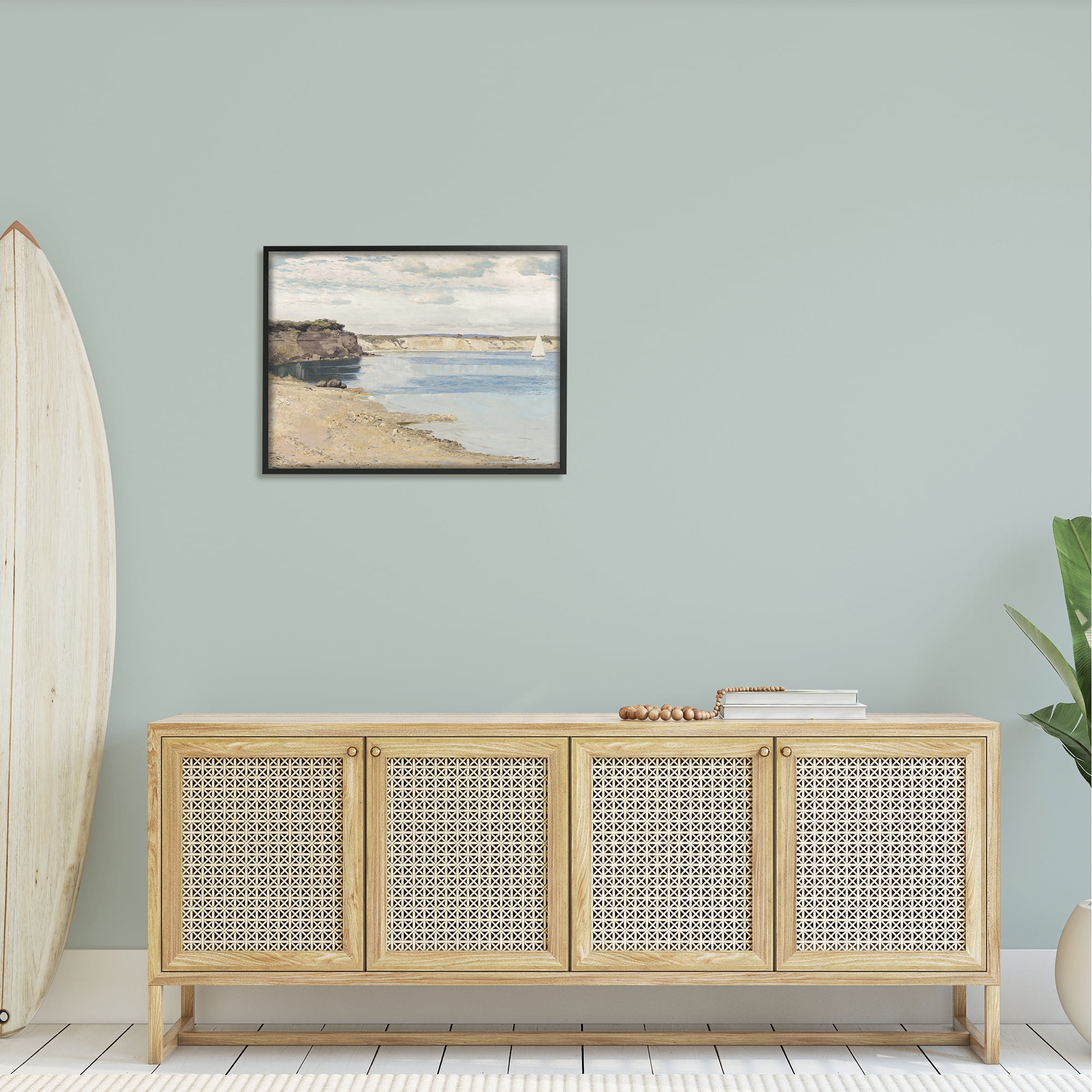 Stupell Rocky Coastal Cove Sailboat Landscape Painting Black Framed Art Print Wall Art