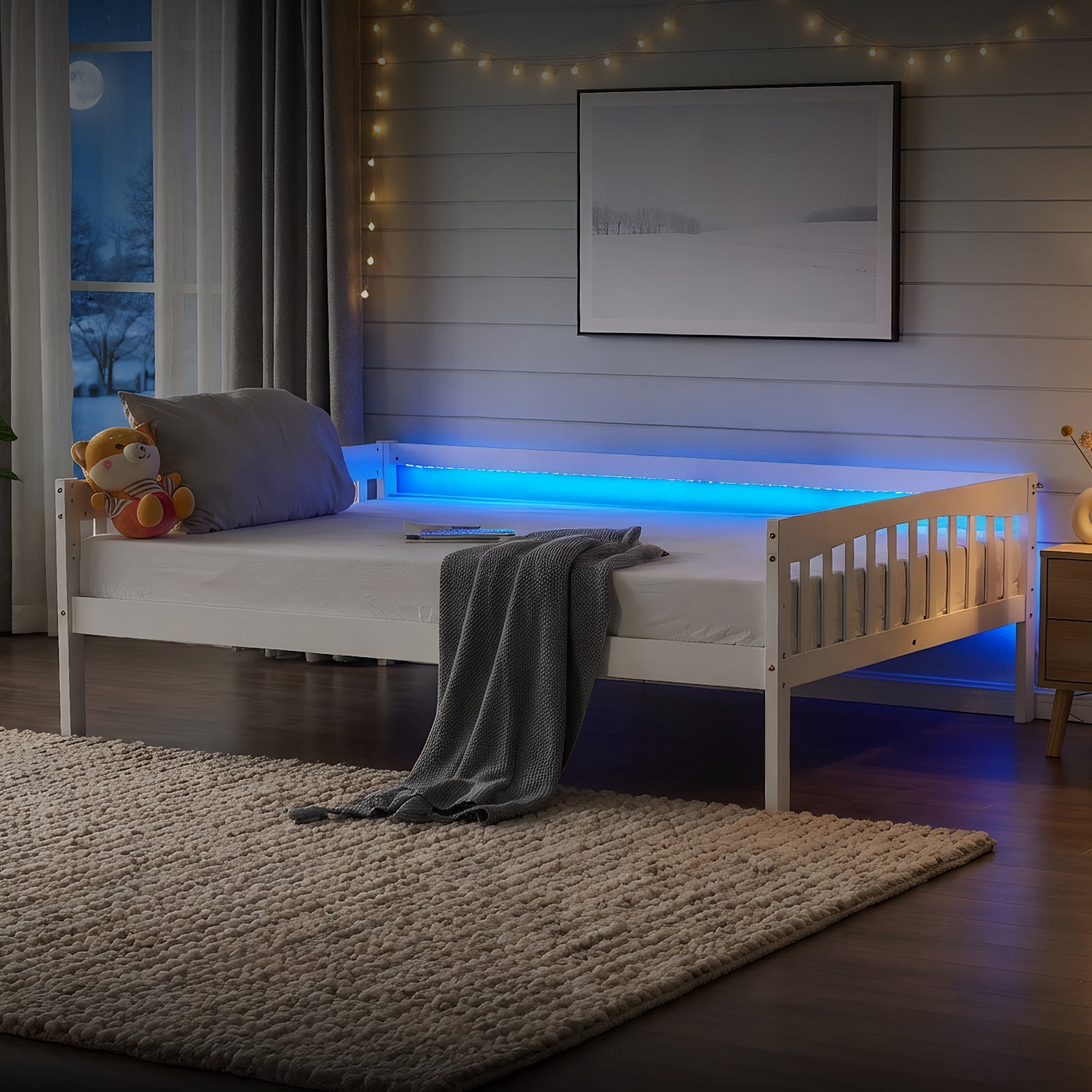 Zimtown Solid Wood Twin Daybed with Storage Underneath, Day Bed Frame with Charging Station and Lights, White
