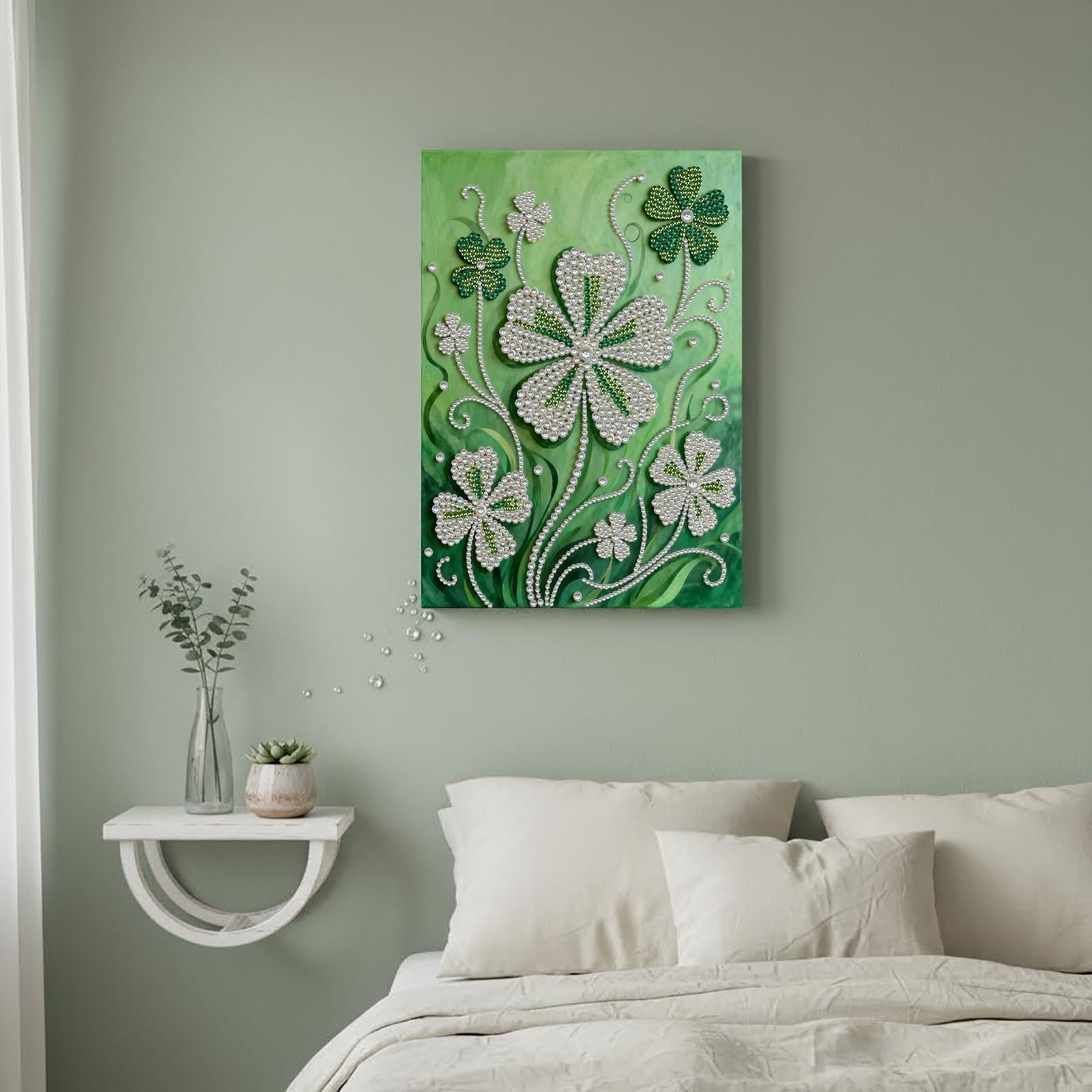 FLOPESN DIY Gemstone Pearl Diamond Art Painting Kit with Frame, 11.81x15.75in Colored Canvas, Home Decor Display for Tabletop and Wall -Four-Leaf Clover