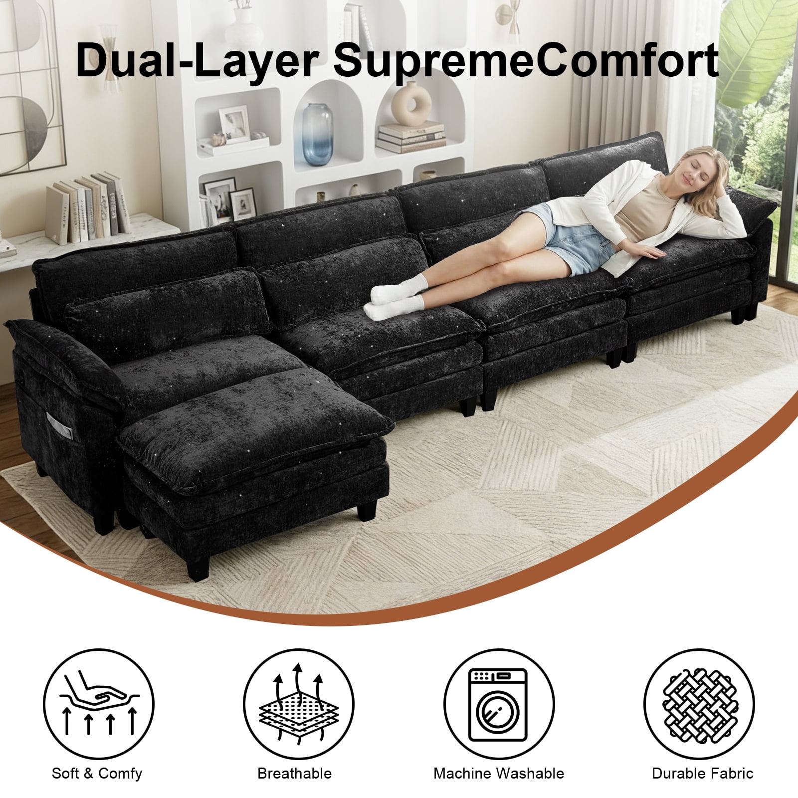 Howcool 148" Modular Sectional Sofa , 4 Seater L-Shaped Cloud Couch with Movable Ottoman, USB Charging Ports & Side Pockets, Sectional couchs for Living Room,Chenille Fabric,Black