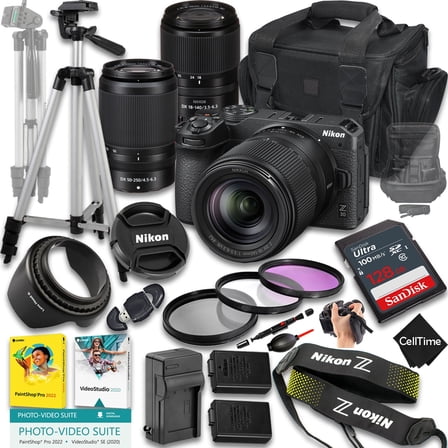 Nikon Z30 Mirrorless Camera with Z DX 18-140mm f/3.5-6.3 VR And 50-250mm f/4.5-6.3 VR Lens   128 GB Memory   Extra Battery   Camera Case   Tripod   More (23pc Bundle)