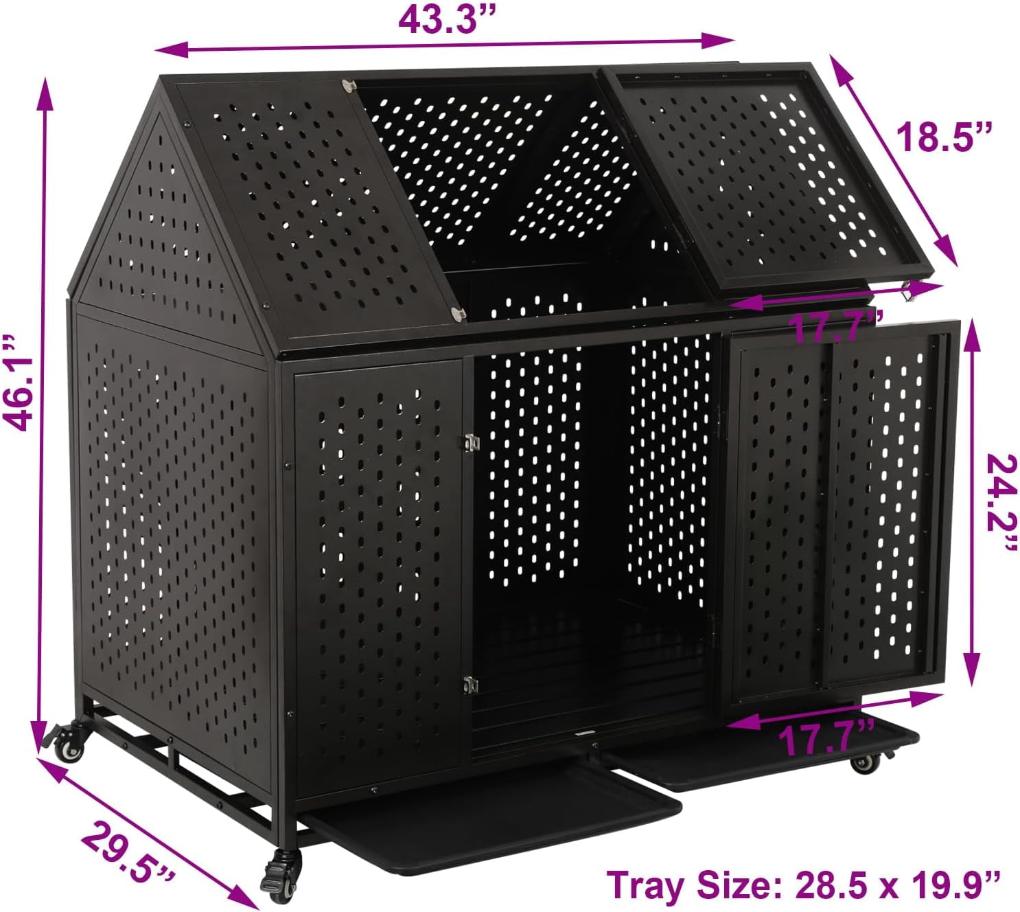 Ufyerutg 45'' Indestructible Heavy Duty Dog Crate, Escape Proof Strong Steel Impact Pet Cage for Large Medium Dogs, High Anxiety Sound Proof Chewproof Kennel Double Door with Trays and Wheels