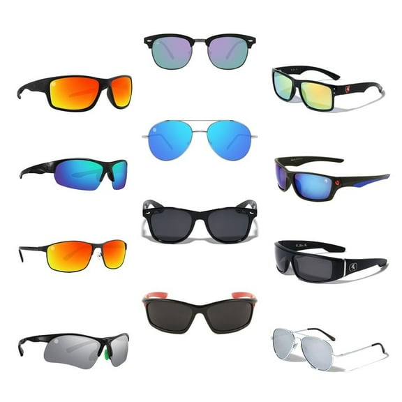 Wholesale Mens Assorted Sport Casual Sunglasses Dozen with 12 Microfiber Soft Pouches