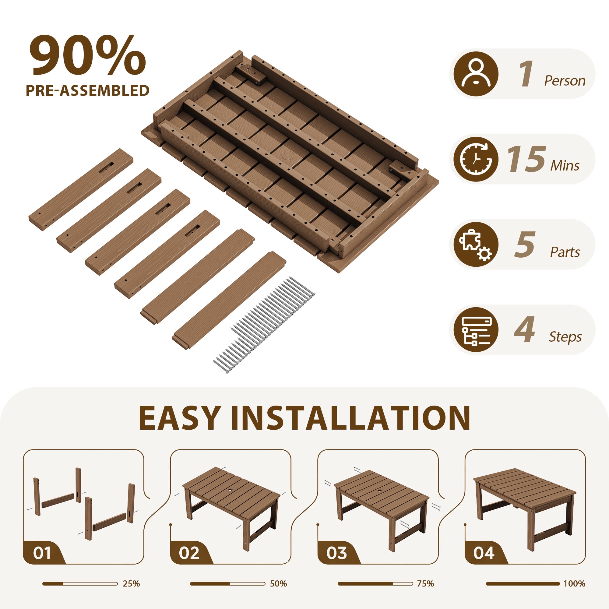 SERWALL Outdoor Rectangle Coffee Table with Umbrella Hole, 19.7" x 33.7" HDPE All Weather Patio Coffee Table, Brown