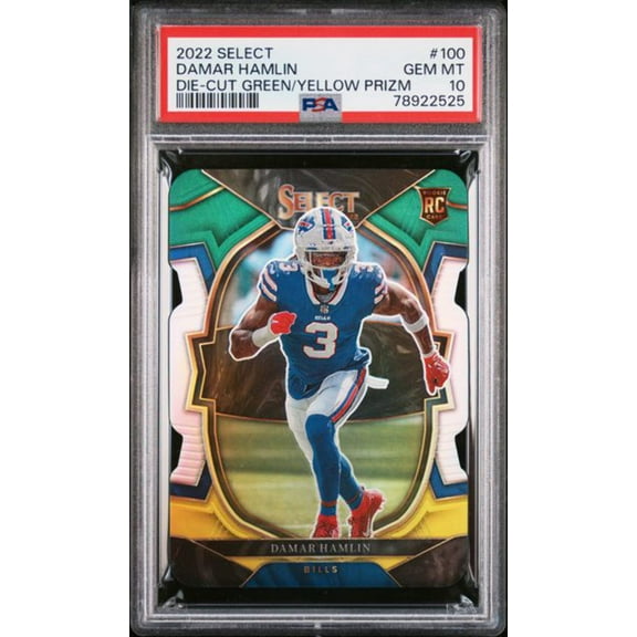 Graded 2022 Panini Select Damar Hamlin #100 Die-Cut Green/Yellow Prizm Rookie RC Football Card PSA 10 Gem Mint