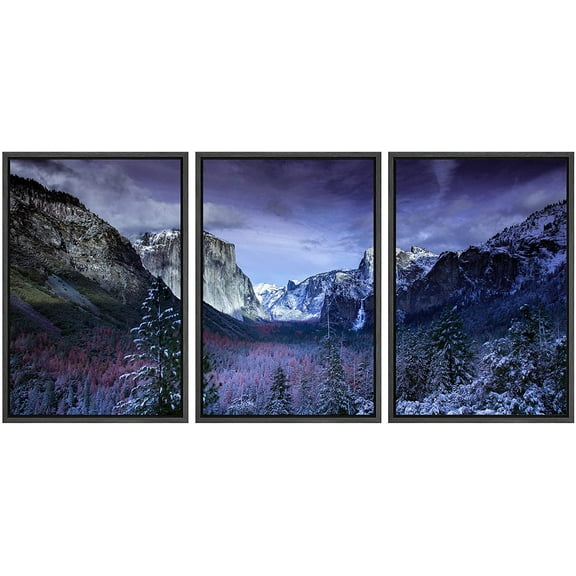 wall26 - 3 Panel Framed Canvass Wall Art - Majestic Natural Landscape Triptych Framed Canvass Series - Yosemite at Dusk - Giclee Print Gallery Wrap Modern Home Art Ready to Hang - 16"x24"x3