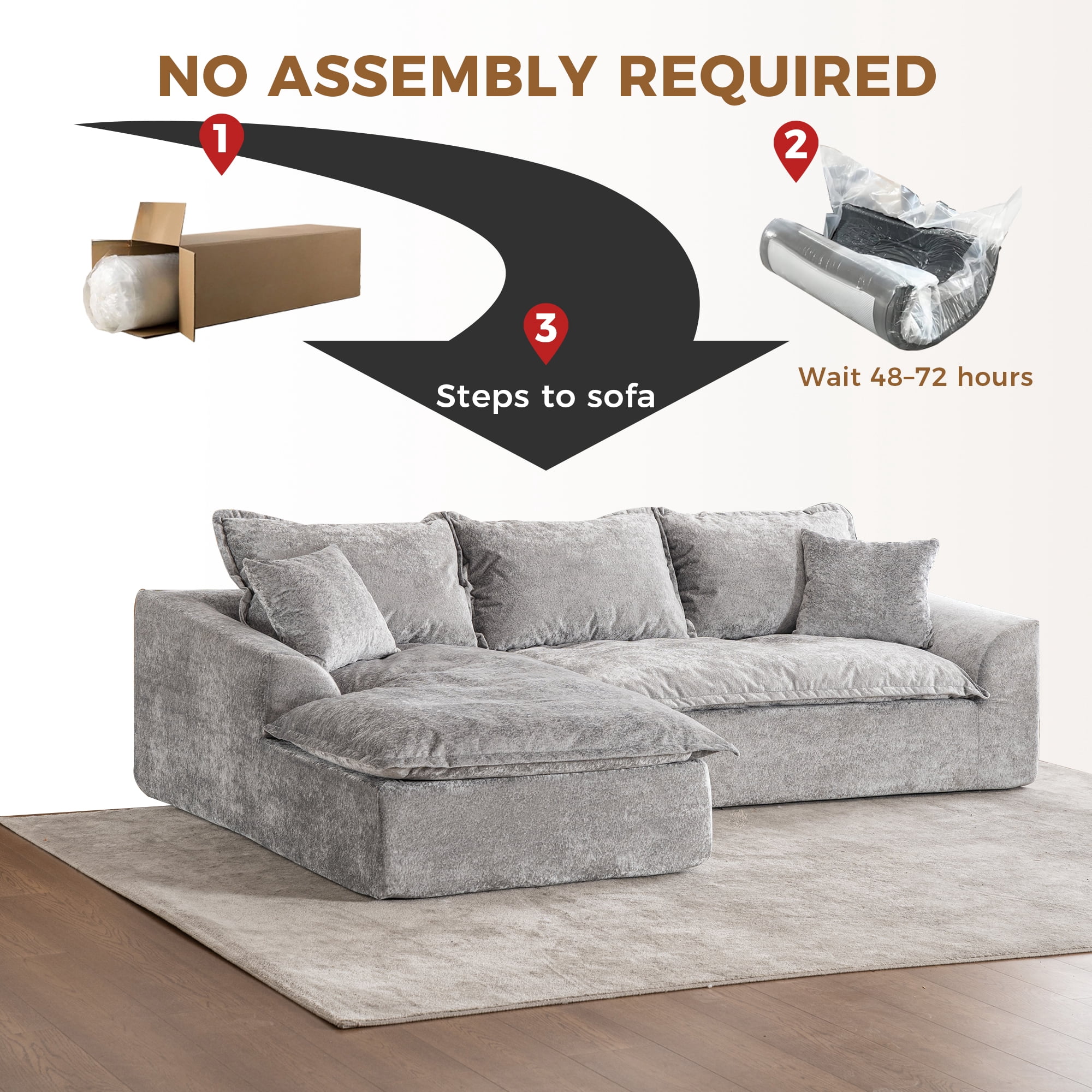 LEHZROAJ 103" Chenille Compressed Sofa,L Shaped Sectional Couch Pillows No Assembly Required for Living Room(Gray,Left)