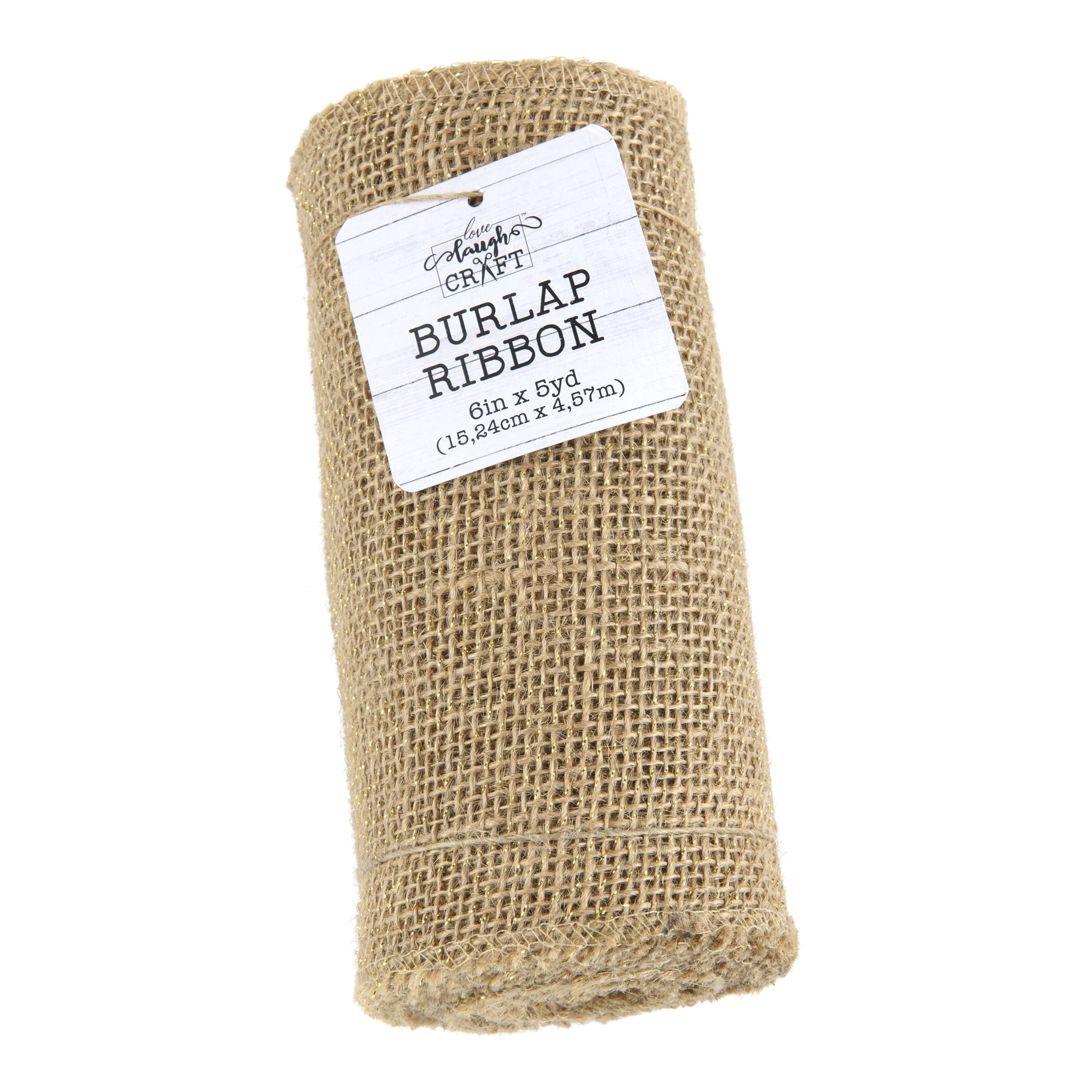 Love, Laugh, Craft Jute Burlap Roll Precut, Finished Edges, 6"W x 5-Yards, 740-26, Brown/Gold Tinsel