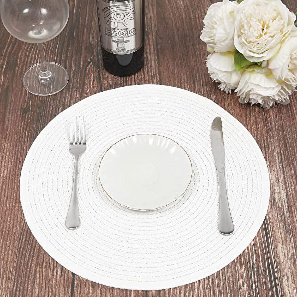 Namzi Round Braided Placemats Set of 6 Round Table Mats for Dining Table 15 inch Washable Cotton Polyester Place Mat (White, 6)