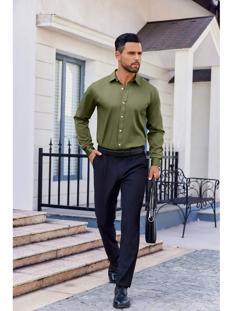 Men's Stretch Dress Shirt - Wrinkle Free & Muscle Fit Long Sleeve Button Down