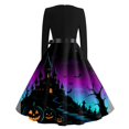 thumbnail image 6 of Women's Halloween Dress Pumpkin Hepburn Crew Neck Horror Dresses Bat 1950s Long Sleeve Spooky Swing Dress with Belt S, 6 of 6