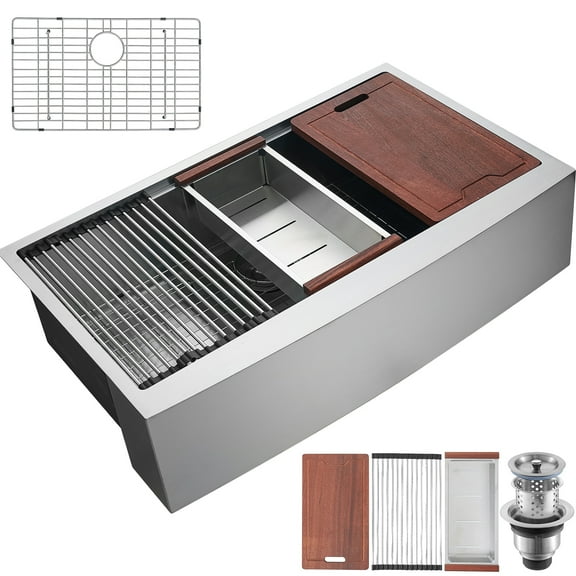 KFFKFF Farmhouse Kitchen Sink, 304 Stainless Steel Drop-In Sink, Top Mount Single Bowl Basin with Ledge & Accessories, Household Dishwasher-Compatible Sink for Workstations, Prep Areas, and Bar Use