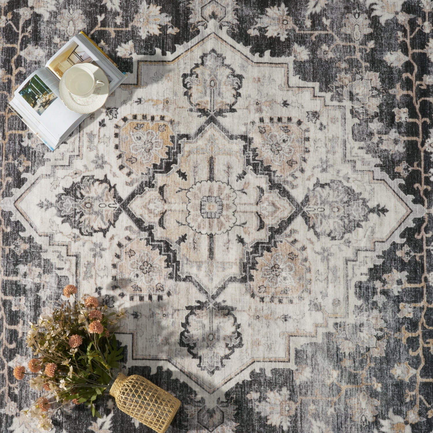 FEELHOME 9'x12' Area Rug Machine Washable Soft Vintage Distressed Non Slip Carpet for Living Room Bedroom Dining Room Black