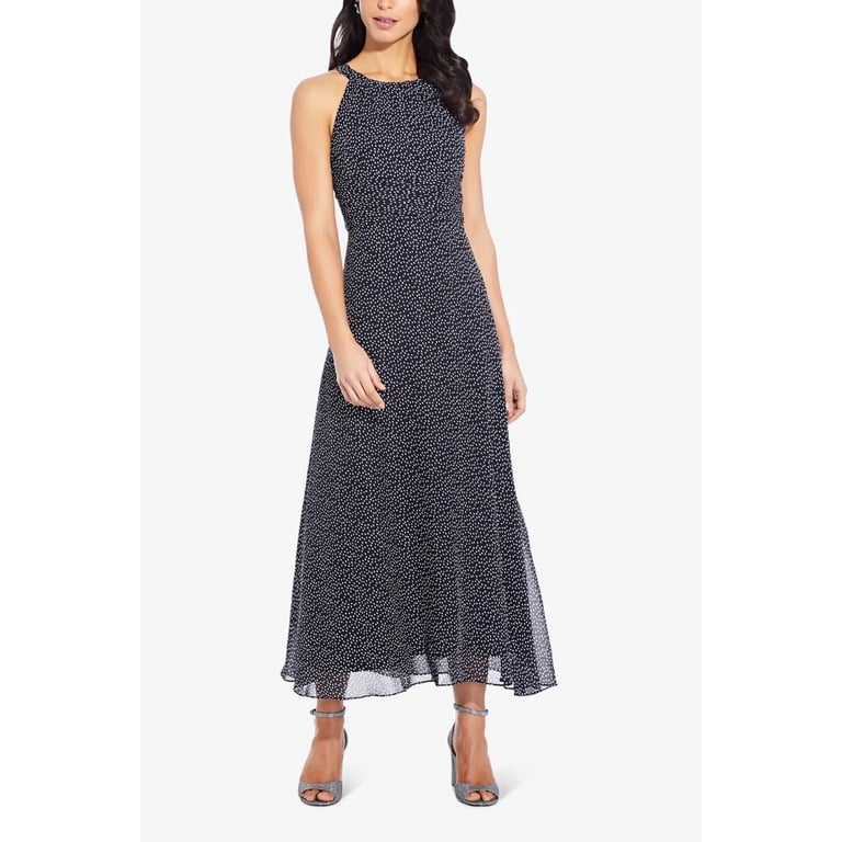 Adrianna Papell Halter Neck Sleeveless Tie back Zipper Back Multi Print Chiffon  Dress-BROWN IVORY