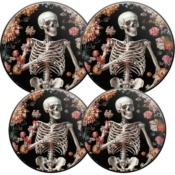 Electric Stove Burner Covers,4 Pcs Round Gas Burner Cover,8 and 10 Inch,Mysterious Skeleton in Bed of Ornate Blooms