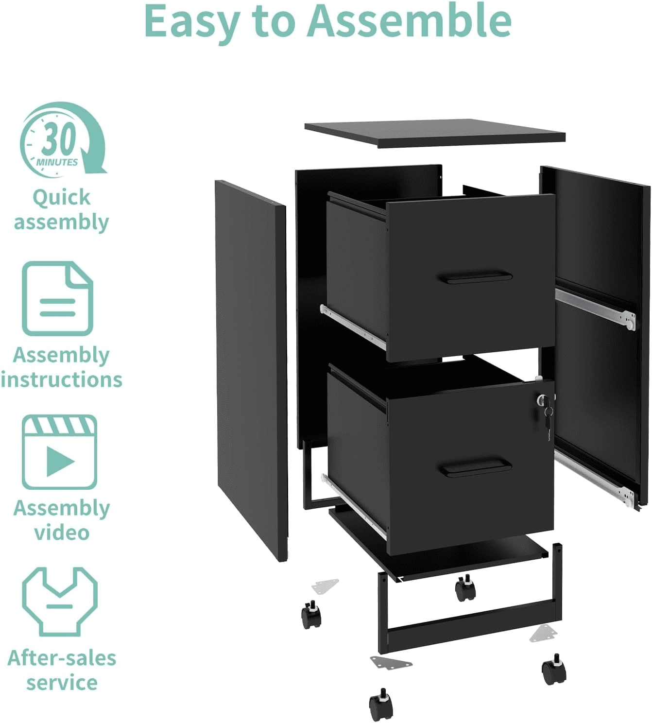 IKIMI 2-Drawer Vertical File Cabinets with Lock, Portable Rolling Metal Filing Cabinet for Legal/Letter/A4 Files, Black