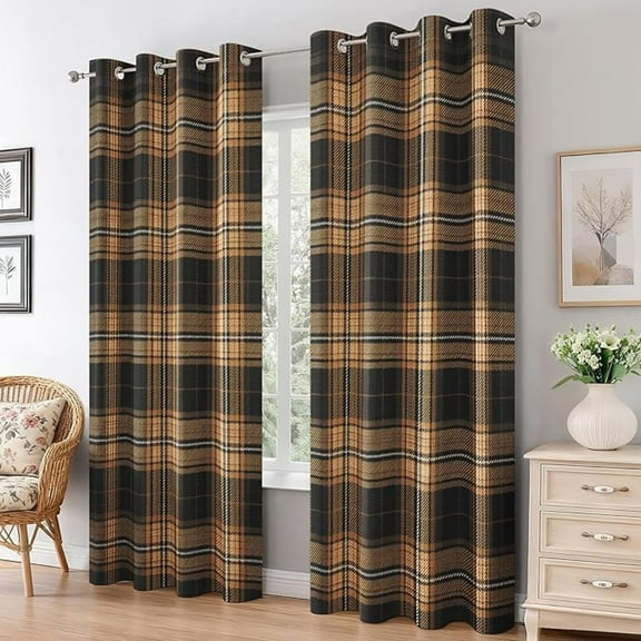 Brown Tartan Curtains for Living Room, Thermal Insulated Rustic Country Plaid Blackout Curtains, Grommet Drapes Window, Modern Gingham Bedroom Decor 42"W x 84"L (Pack of 2)