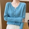 thumbnail image 6 of Wyobmus Women’S Button Down Cardigan Sweater Long Sleeve Knitted Slim Undershirt Casual V Neck Work Blouses Tops Fall Outfits B-Light Blue, 6 of 6
