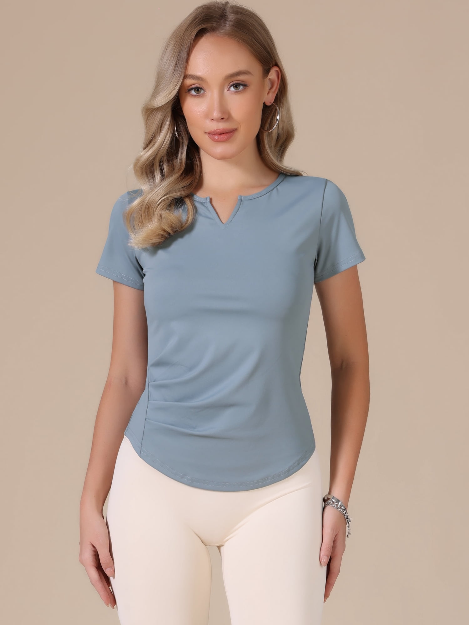DARING DIVA Women's Elastic Workout Tops Short Sleeve Running Gym Shirts L Gray Blue