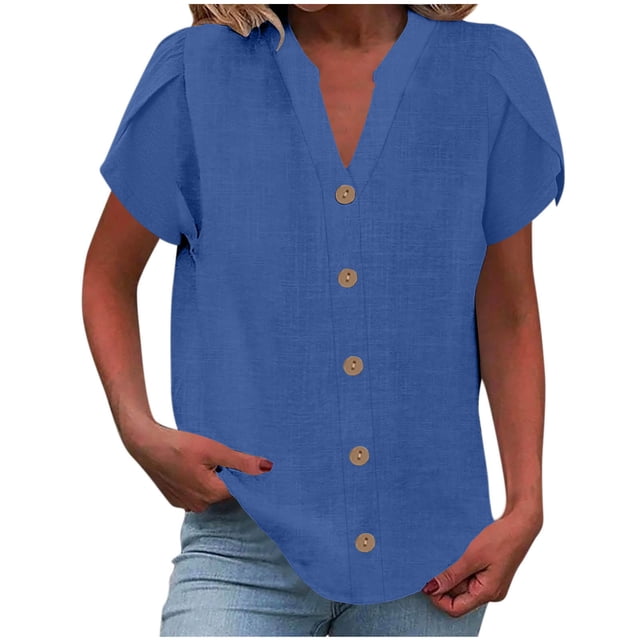 Besolor Womens Button down Shirts Trendy V Neck Ruffle Short Sleeve Summer Tops Solid Color Casual Blouses