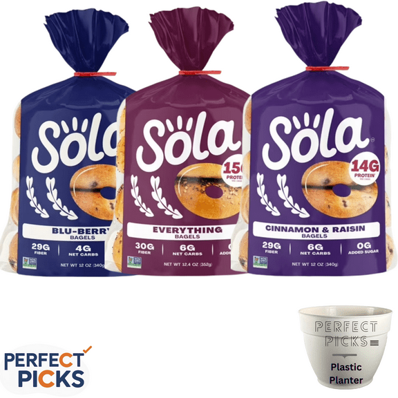 Sola Keto Bagel Variety Pack – Everything, Blueberry, Cinnamon Raisin – Low Carb, 12 Count (4 count Each Flavor)