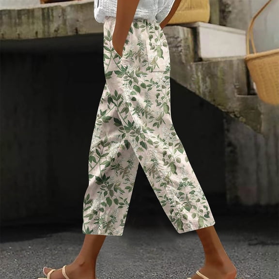 Aboser Womens Cropped Harem Pants Boho Floral Printed Capri Pants Loose Fit Elastic Waist Lounge Capris Casual Straight Leg Trousers with Pockets