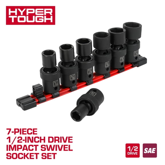 Hyper Tough 7-Piece 1/2" Swivel Impact Socket Set, SAE