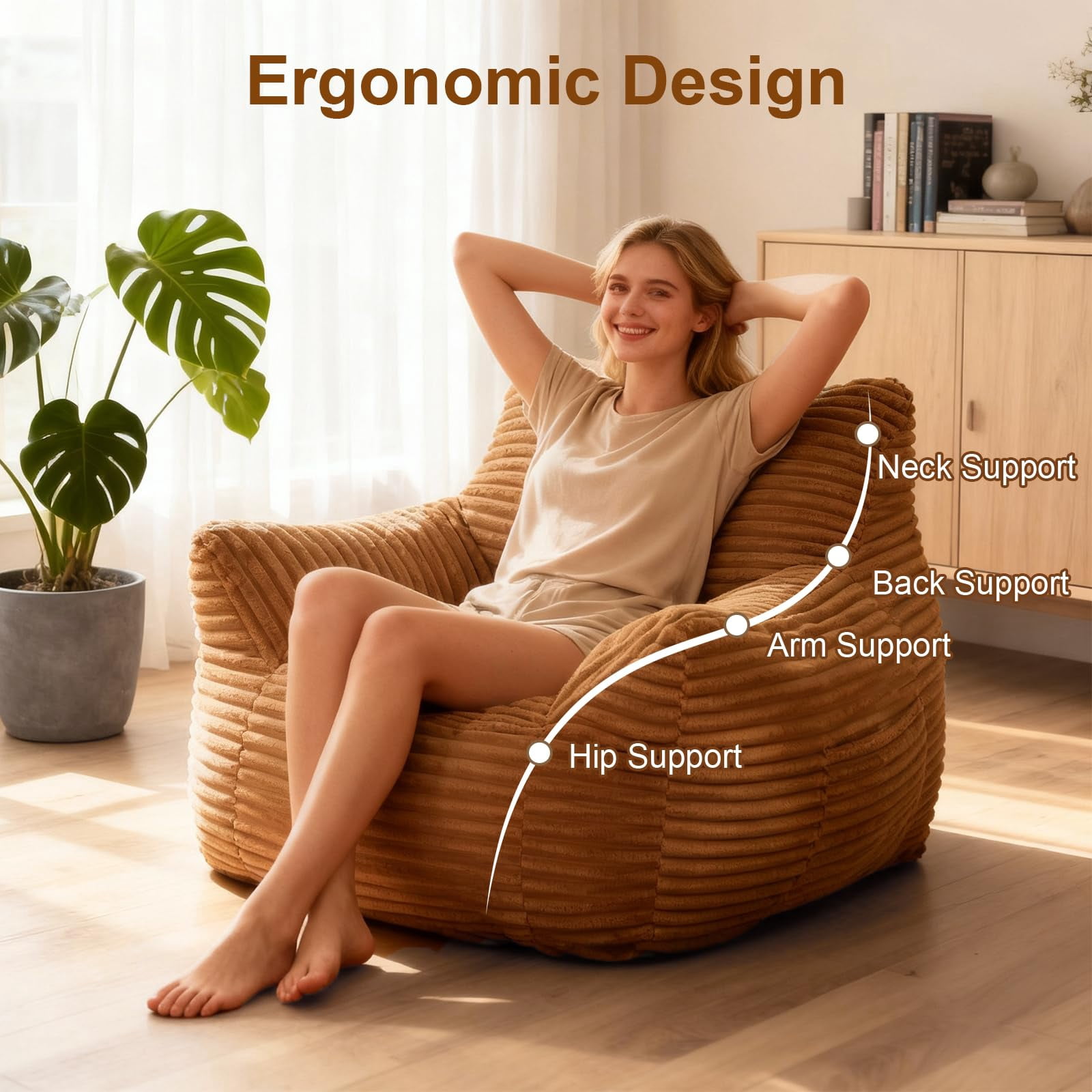 Peispie Giant Bean Bag Chair for Adults, Wide Seat Comfy Corduroy Floor Sofa with Armrests, Shredded Memory Foam Lazy Lounger, Oversized Gaming & Reading Chair for Bedroom 400LBS, Brown
