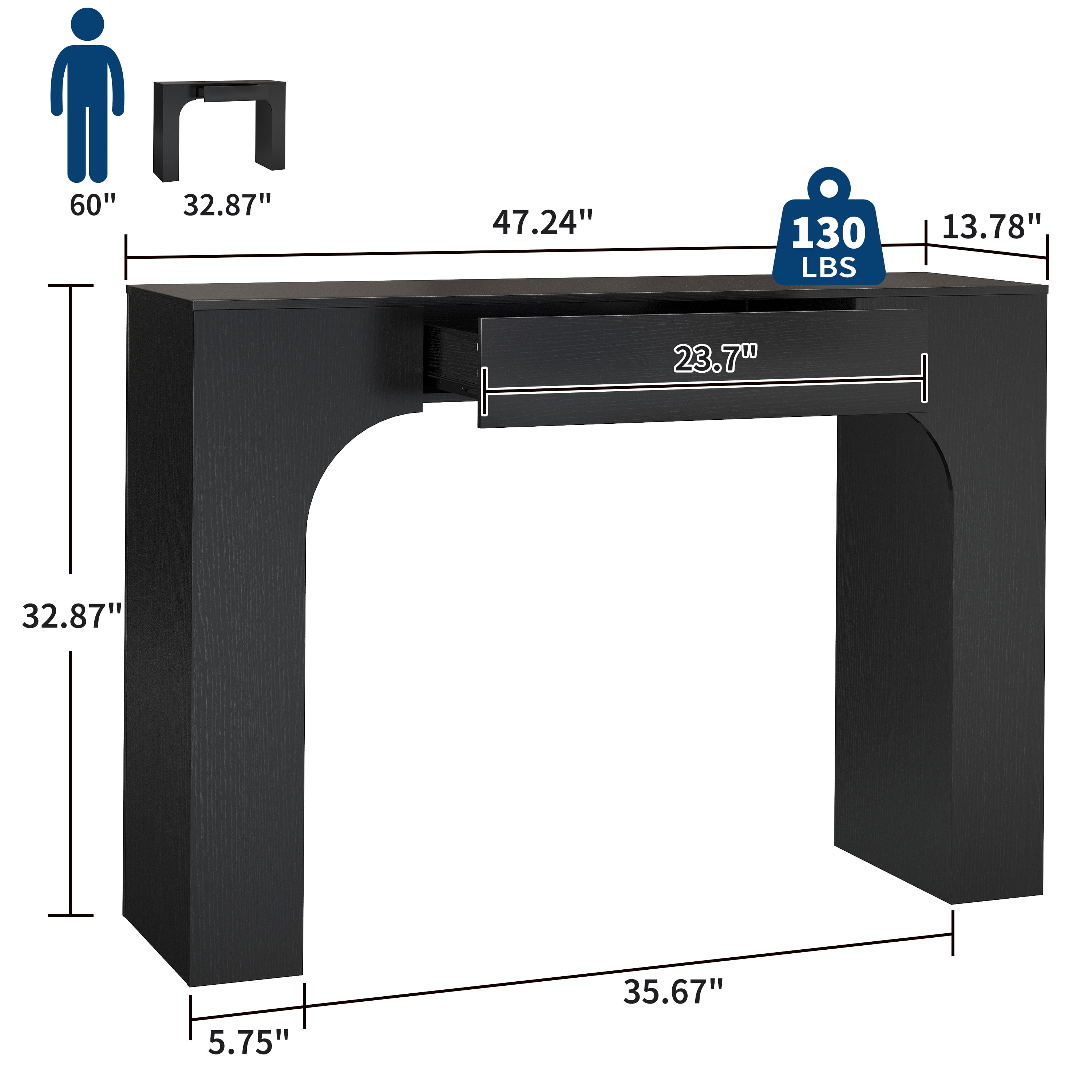47" Long Console Table with Drawer, Narrow Entryway Table with Anti-Tipping Kit, Farmhouse Walnut Sofa Table for Hallway, Living Room, TV Stand, Black Embossed