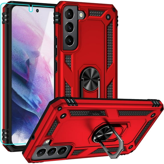 for Galaxy S22 Case,Samsung S22 Case with HD Screen Protector, [Military Grade] Ring Car Mount Kickstand Hybrid Hard PC Soft TPU Shockproof Protective Case for Samsung Galaxy S22 (Red)