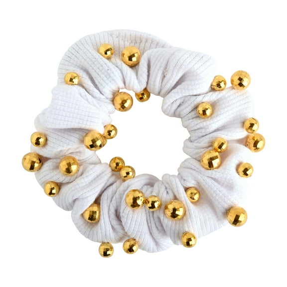 Small Cotton Hair Scrunchie with Decorative Beads (White with Gold Beads)
