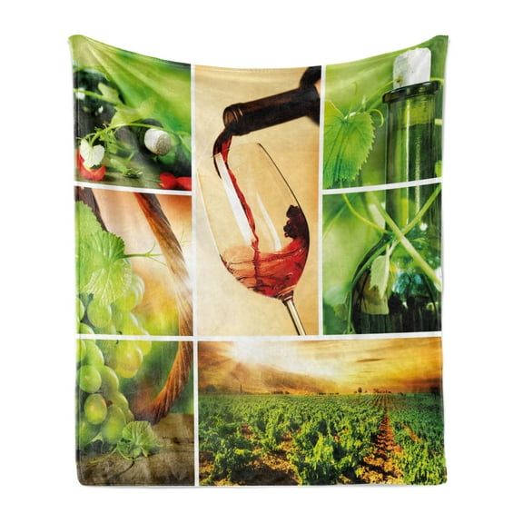 Wine Soft Flannel Fleece Blanket, Wine Tasting and Grapevine Collage Green Fresh Field Pouring Drink Delicious, Cozy Plush for Indoor and Outdoor Use, 60" x 80", Green Ruby Caramel, by Ambesonne