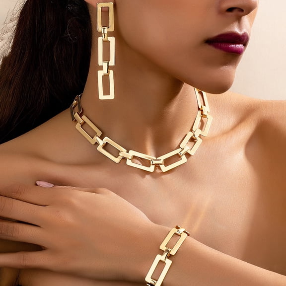 Vintage Golden Jewelry Set for Women, Includes Geometric Drop Earrings, Choker Necklace and Chain Bracelet, Retro Metallic Fashion Accessory for Daily Dating Party Vacation Casual Outfits